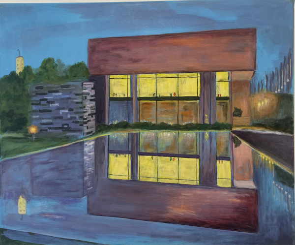 Das Bild zeigt die Kunsthalle Bielefeld vom Skulpturenpark aus gesehen.