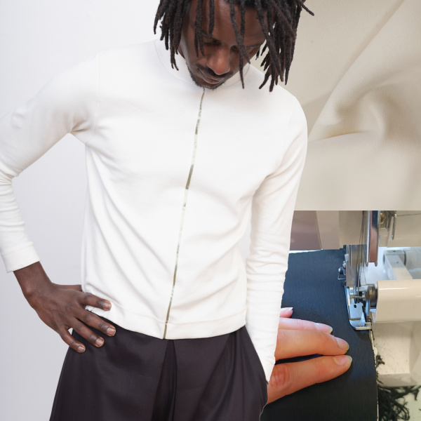 Collage aus: Person trägt enges Longsleeve, Nahaufnahme Jersey, Overlock Maschine.