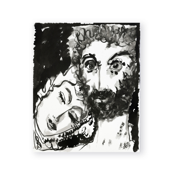 Eine schwarz-weiße Tuschzeichnung von einem Paar, sie lehnt den Kopf auf seine Schulter.