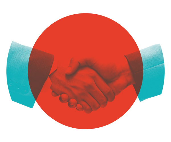 Zwei Hände werden geschüttelt in einem rot eingefärbten Kreis.