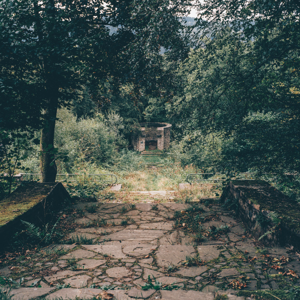 Zentral im Bild befindet sich ein Turm, eine Thingstätte im Wald in Herchen