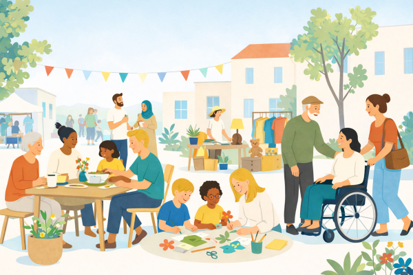 Auf dem Bild sind Personen zu sehen, die sich gemeinsam in der Nachbarschaft treffen.