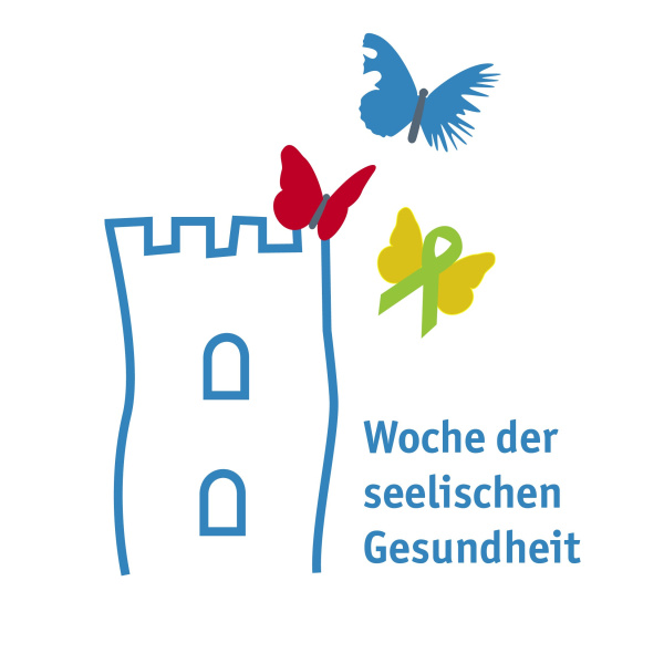 Logo der „Woche der seelischen Gesundheit“ mit stilisiertem blauem Leuchtturm, drei bunten Schmetter