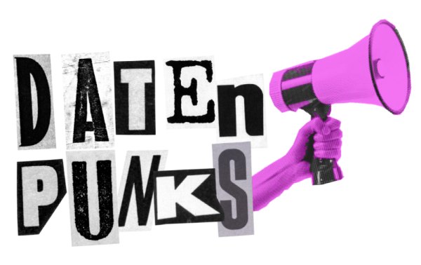Schriftzug Datenpunks mit rosa Megaphon